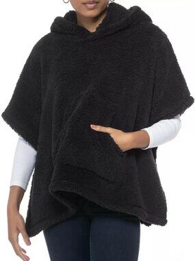 Jenni Women's Hooded Soft Faux-Sherpa Pocket Poncho, Black, One Size